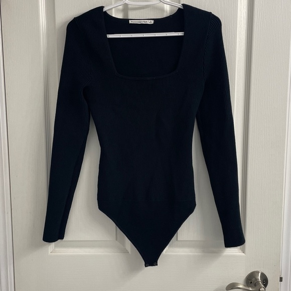 Abercrombie & Fitch Black Ribbed Bodysuit Long Sleeve’s Square Neck Sz S - Picture 4 of 13